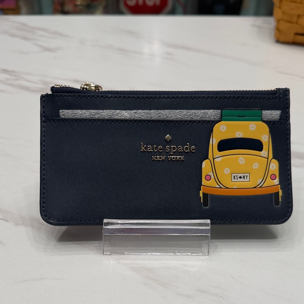 kate spade New York Navy Kids Card Wallet with Yellow Car Graphic